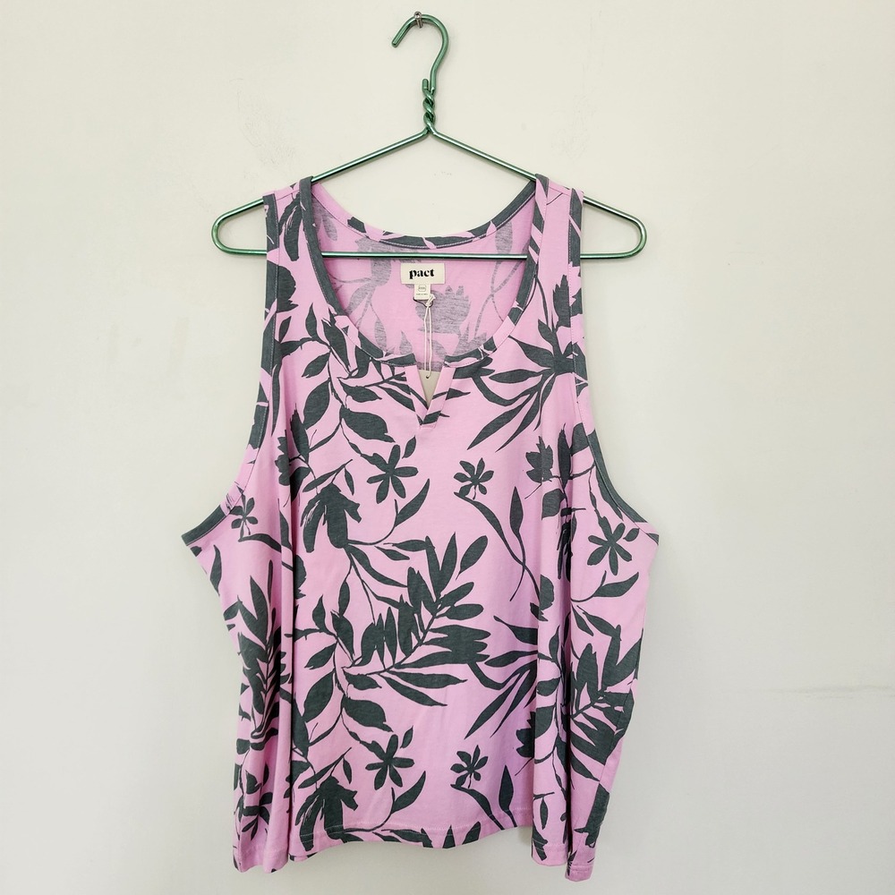 Pact Organic Cotton Tank Top Pink Grey Leaf Print Split Neck XXXL NWT resortwear